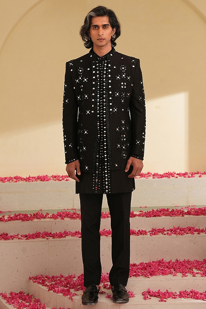 Black Dupion Silk Hand Embroidered Groom Indowestern Set  by Shreyansh Designs at Pernia's Pop Up Shop