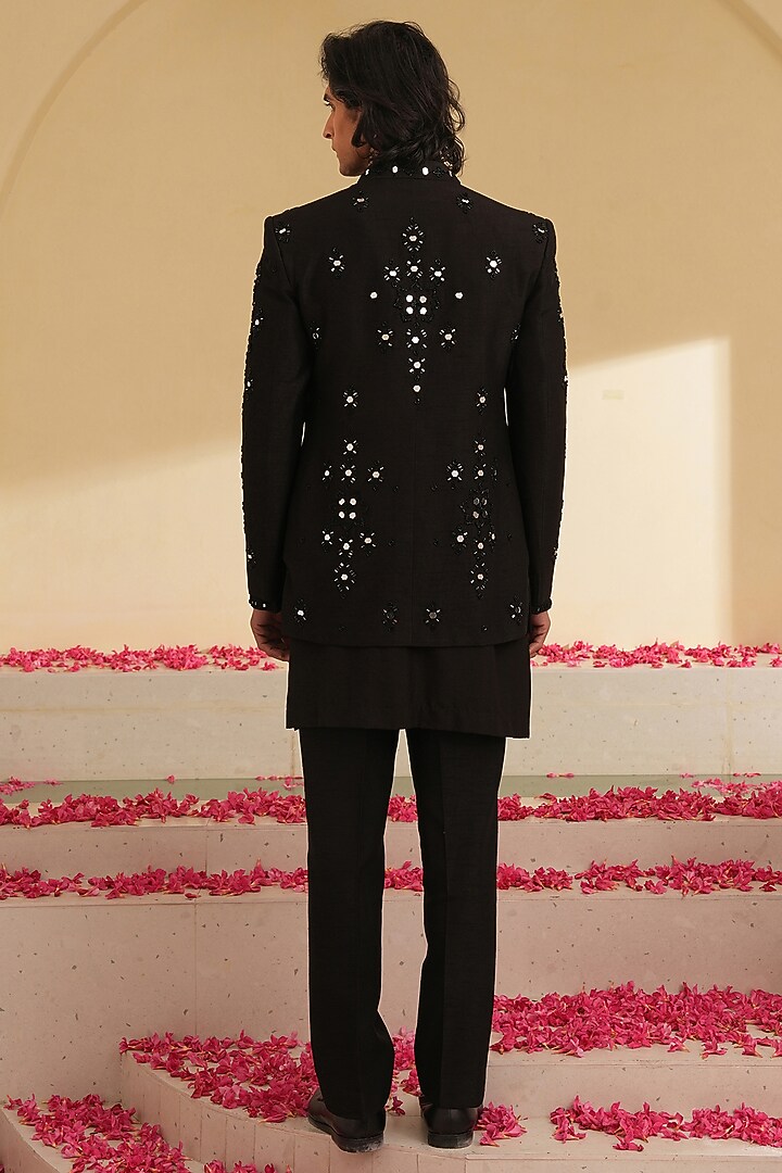 Black Dupion Silk Hand Embroidered Groom Indowestern Set  by Shreyansh Designs at Pernia's Pop Up Shop