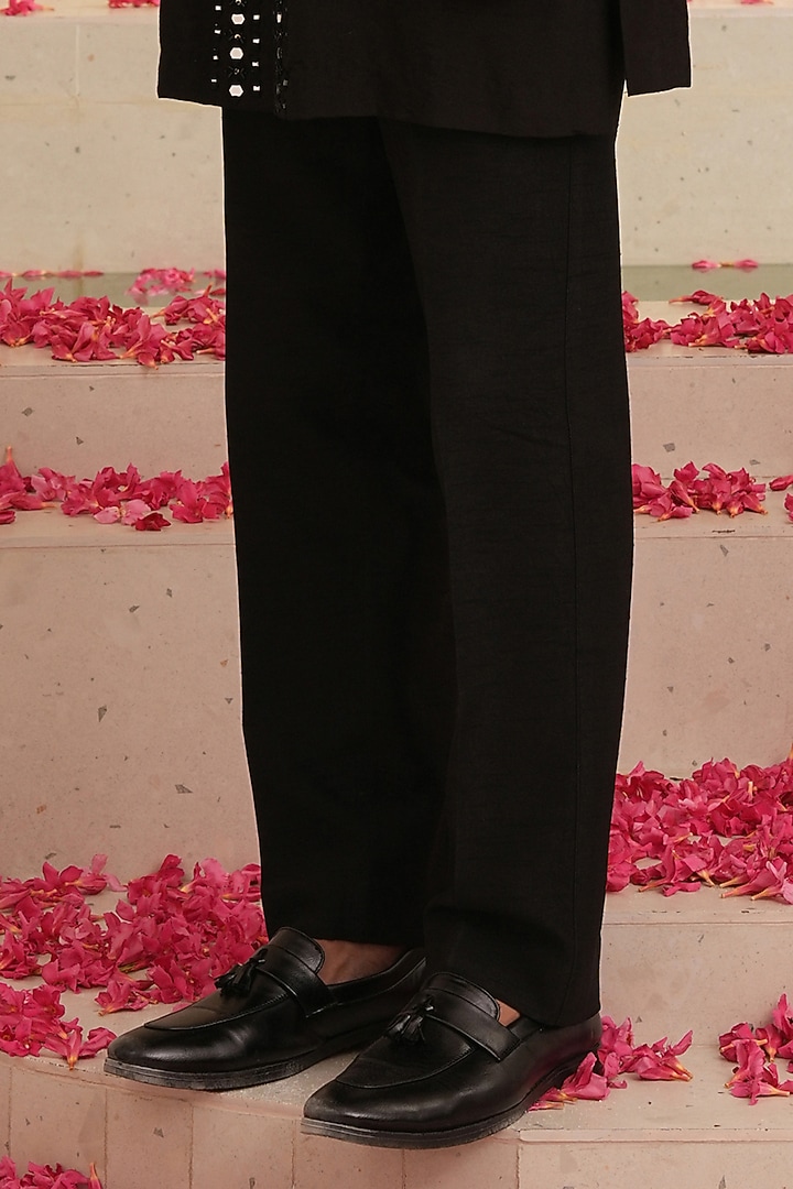 Black Dupion Silk Hand Embroidered Groom Indowestern Set  by Shreyansh Designs at Pernia's Pop Up Shop