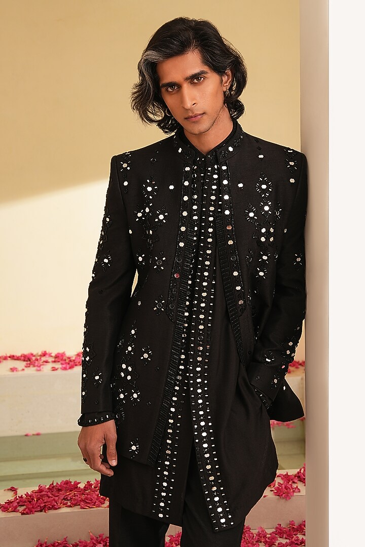 Black Dupion Silk Hand Embroidered Groom Indowestern Set  by Shreyansh Designs at Pernia's Pop Up Shop