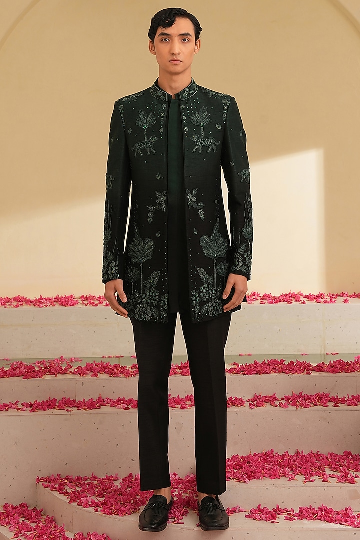 Green & Black Ombre Dupion Silk Embroidered Wedding Indowestern Set by Shreyansh Designs at Pernia's Pop Up Shop