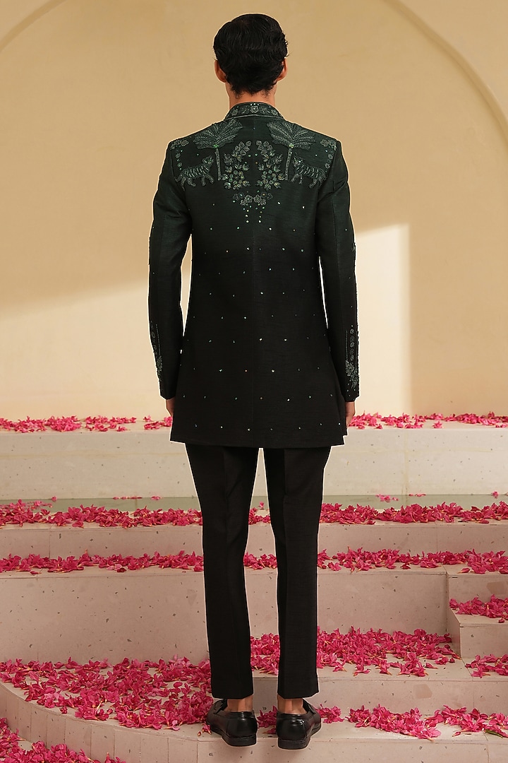 Green & Black Ombre Dupion Silk Embroidered Wedding Indowestern Set by Shreyansh Designs at Pernia's Pop Up Shop