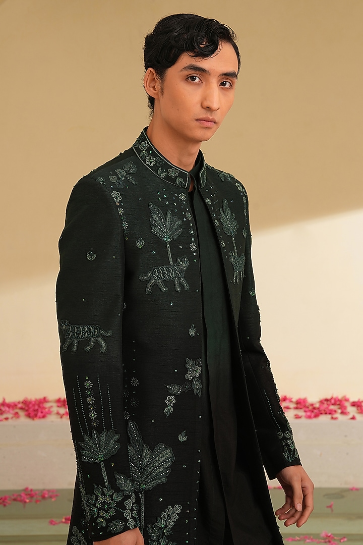 Green & Black Ombre Dupion Silk Embroidered Wedding Indowestern Set by Shreyansh Designs at Pernia's Pop Up Shop