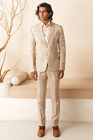Beige Linen Hand Embroidered Blazer Set by Shreyansh Designs