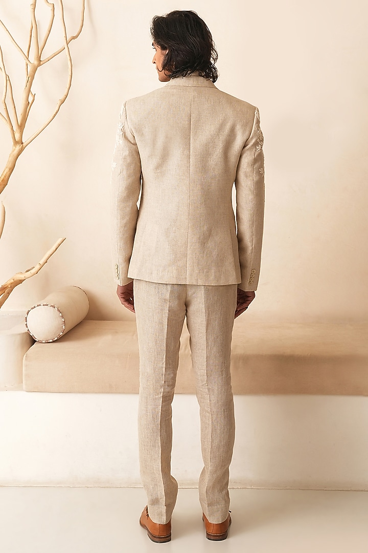 Beige Linen Hand Embroidered Blazer Set by Shreyansh Designs at Pernia's Pop Up Shop