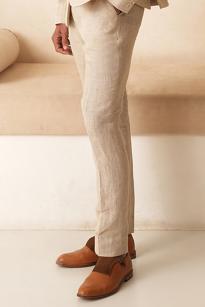 Beige Linen Hand Embroidered Blazer Set by Shreyansh Designs at Pernia's Pop Up Shop