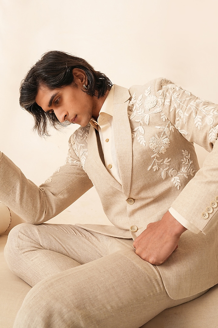 Beige Linen Hand Embroidered Blazer Set by Shreyansh Designs at Pernia's Pop Up Shop