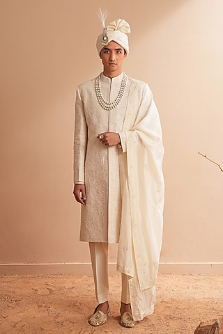 Milky White Dupion Silk Embroidered Sherwani Set by Shreyansh Designs