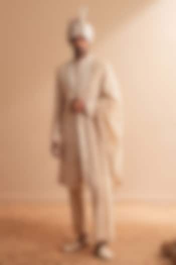 Rose Gold Dupion Silk Floral Embroidered Groom Sherwani Set by Shreyansh Designs at Pernia's Pop Up Shop