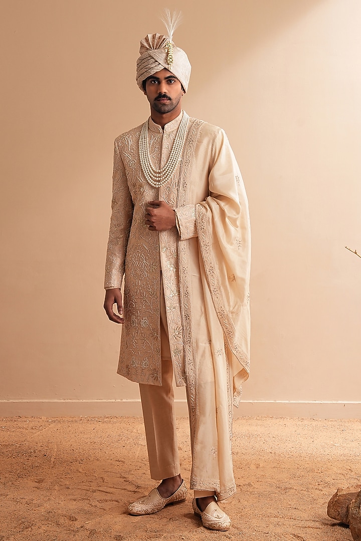 Rose Gold Dupion Silk Floral Embroidered Groom Sherwani Set by Shreyansh Designs at Pernia's Pop Up Shop
