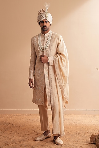 Rose Gold Dupion Silk Floral Embroidered Sherwani Set by Shreyansh Designs