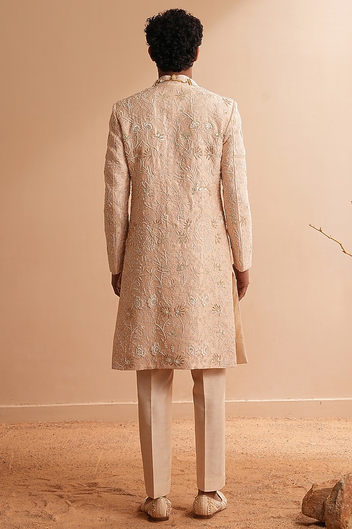 Rose Gold Dupion Silk Floral Embroidered Groom Sherwani Set by Shreyansh Designs at Pernia's Pop Up Shop