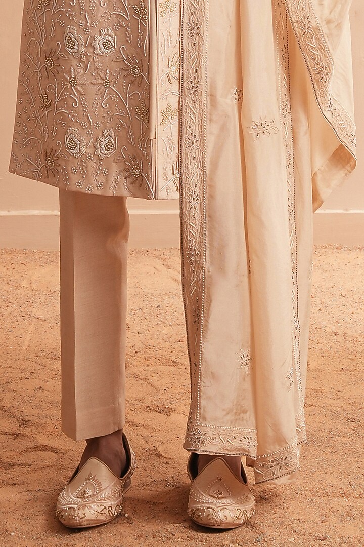 Rose Gold Dupion Silk Floral Embroidered Groom Sherwani Set by Shreyansh Designs at Pernia's Pop Up Shop