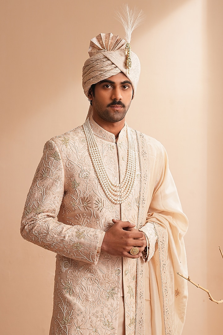Rose Gold Dupion Silk Floral Embroidered Groom Sherwani Set by Shreyansh Designs at Pernia's Pop Up Shop