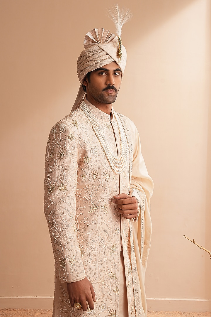 Rose Gold Dupion Silk Floral Embroidered Groom Sherwani Set by Shreyansh Designs at Pernia's Pop Up Shop