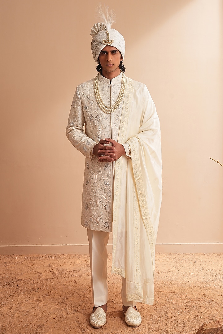 Milky White Dupion Silk Floral Embroidered Groom Sherwani Set by Shreyansh Designs at Pernia's Pop Up Shop
