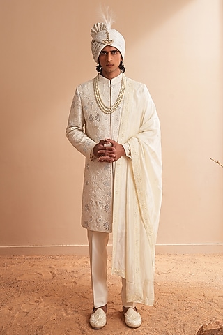 Milky White Dupion Silk Floral Embroidered Sherwani Set by Shreyansh Designs