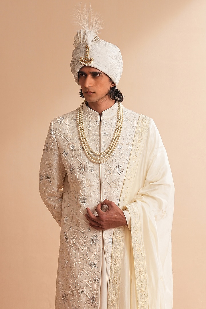 Milky White Dupion Silk Floral Embroidered Groom Sherwani Set by Shreyansh Designs at Pernia's Pop Up Shop