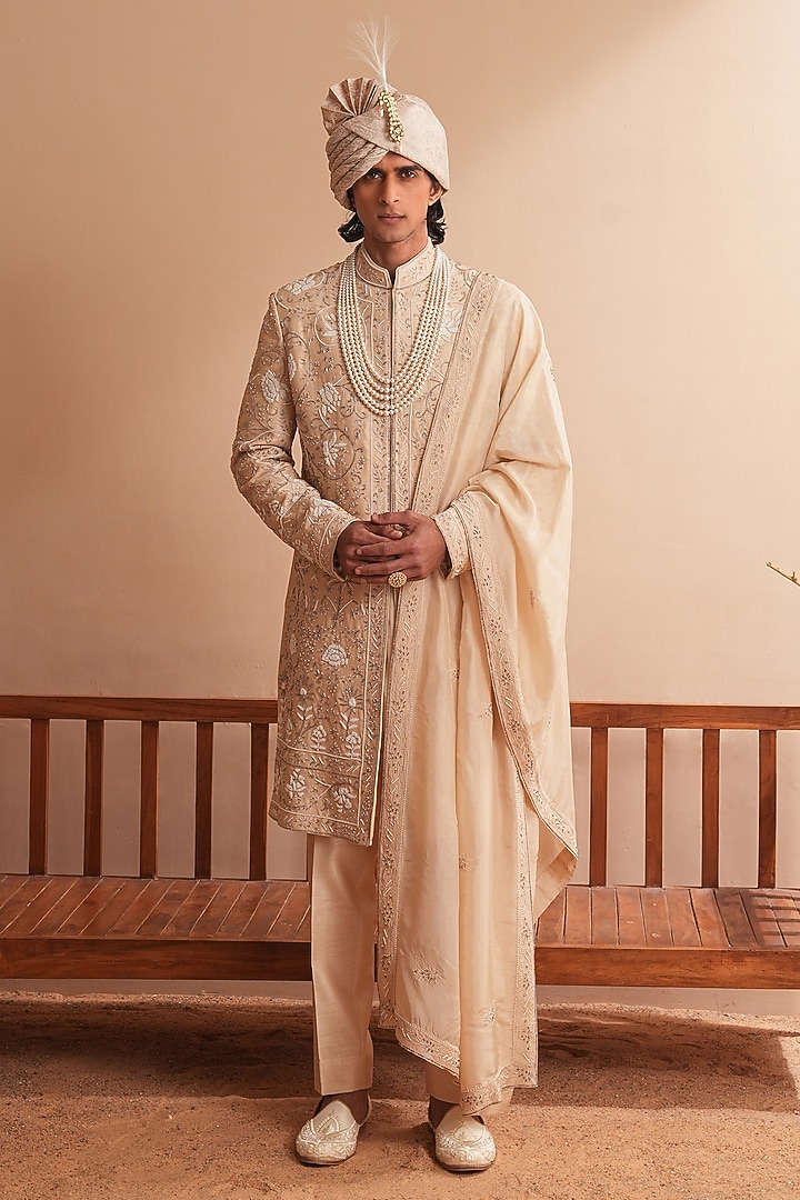Nude-Toned Dupion Silk Floral Embroidered Groom Sherwani Set by Shreyansh Designs at Pernia's Pop Up Shop