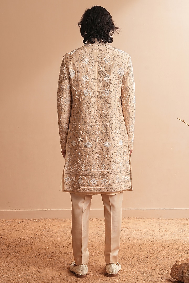 Nude-Toned Dupion Silk Floral Embroidered Groom Sherwani Set by Shreyansh Designs at Pernia's Pop Up Shop