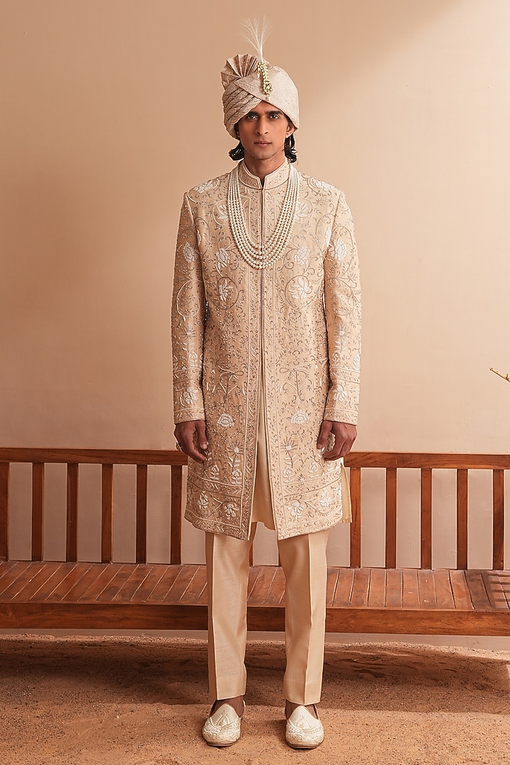 Nude-Toned Dupion Silk Floral Embroidered Groom Sherwani Set by Shreyansh Designs at Pernia's Pop Up Shop