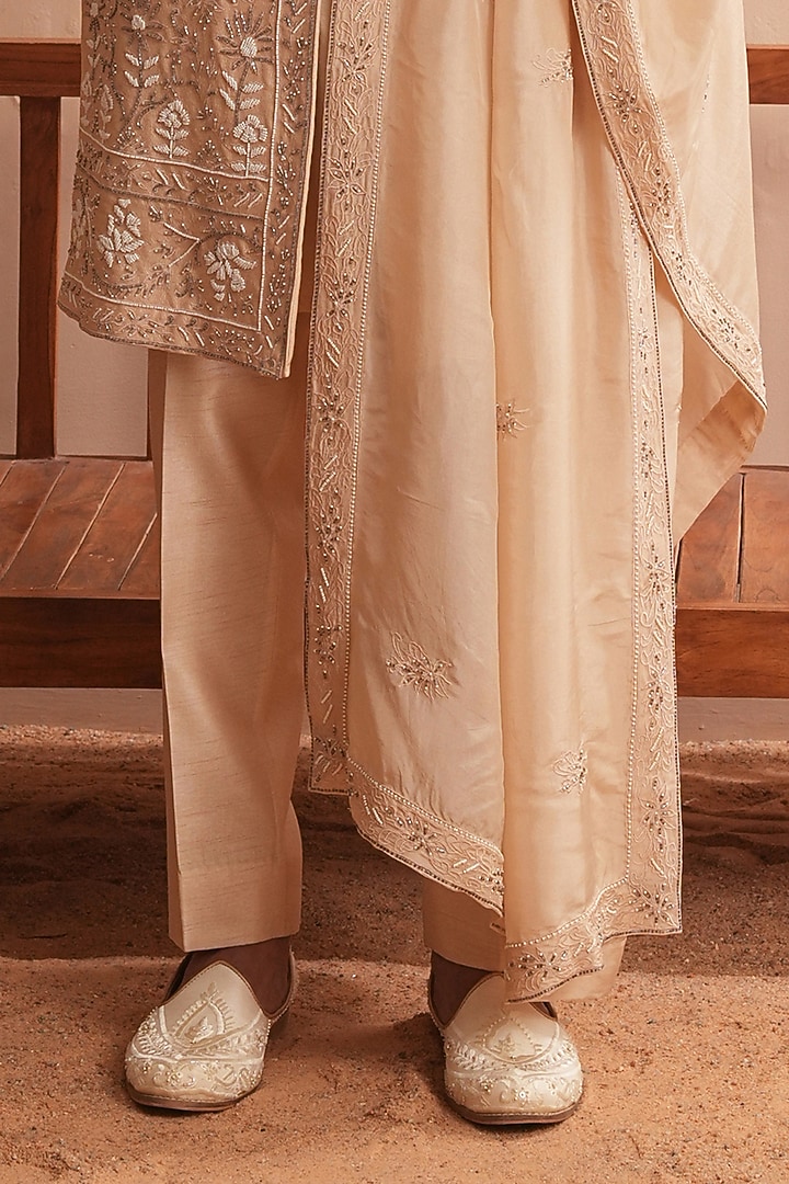 Nude-Toned Dupion Silk Floral Embroidered Groom Sherwani Set by Shreyansh Designs at Pernia's Pop Up Shop