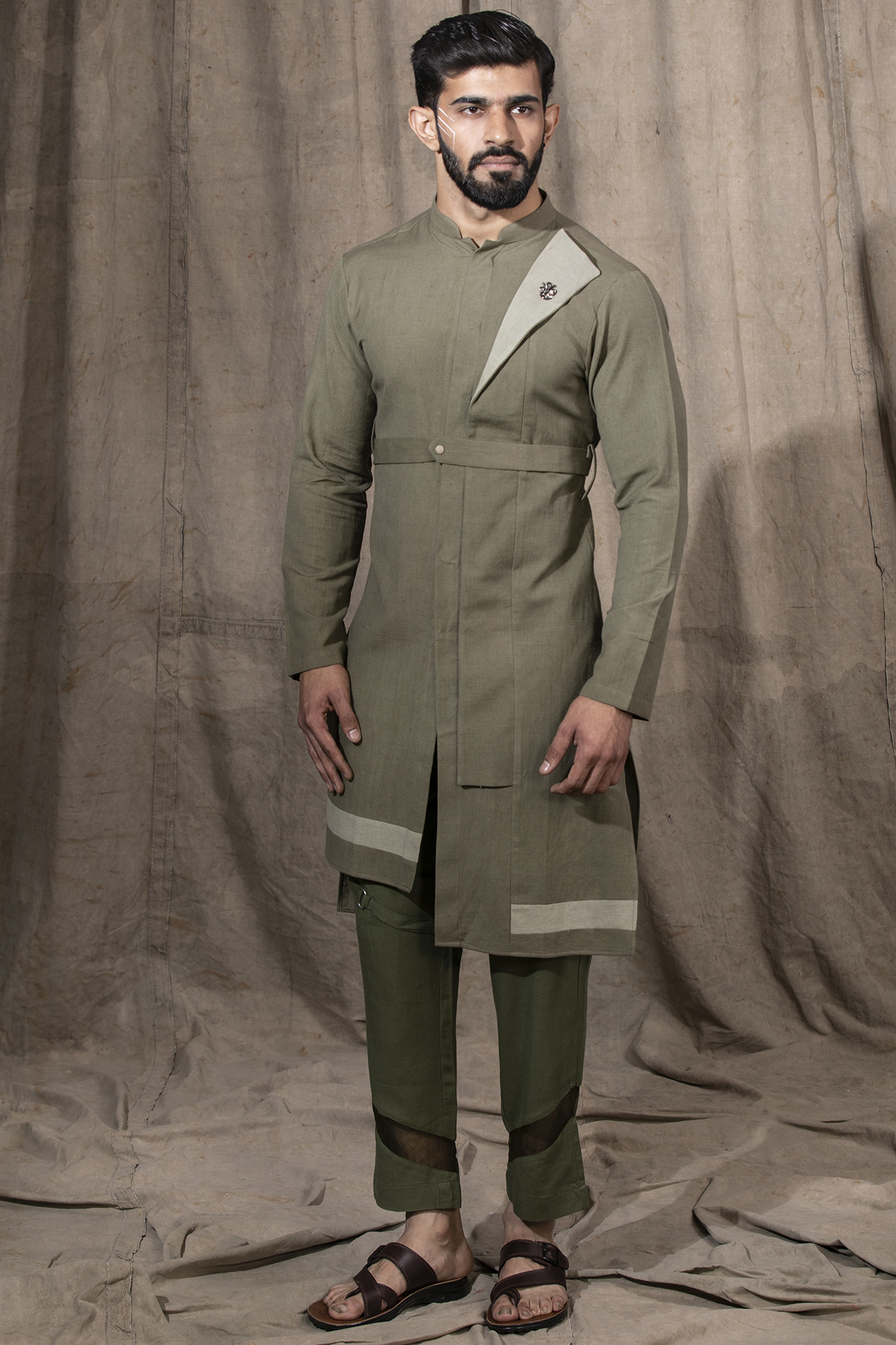 Olive Green Cotton Linen Kurta by Shreyansh Designs