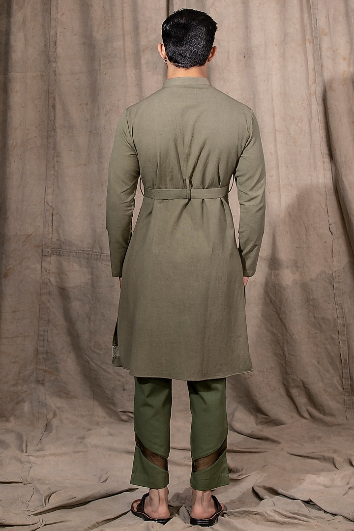 Olive Green Cotton Linen Fabric Overlapped Kurta by Shreyansh Designs at Pernia's Pop Up Shop