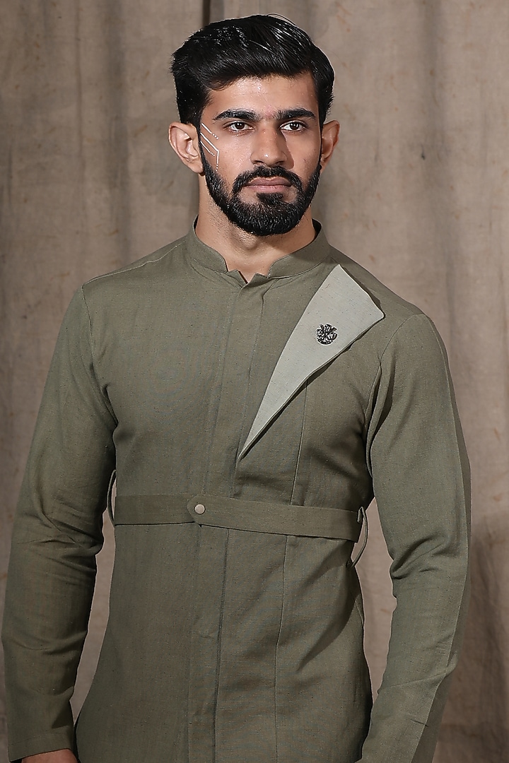 Olive Green Cotton Linen Fabric Overlapped Kurta by Shreyansh Designs at Pernia's Pop Up Shop