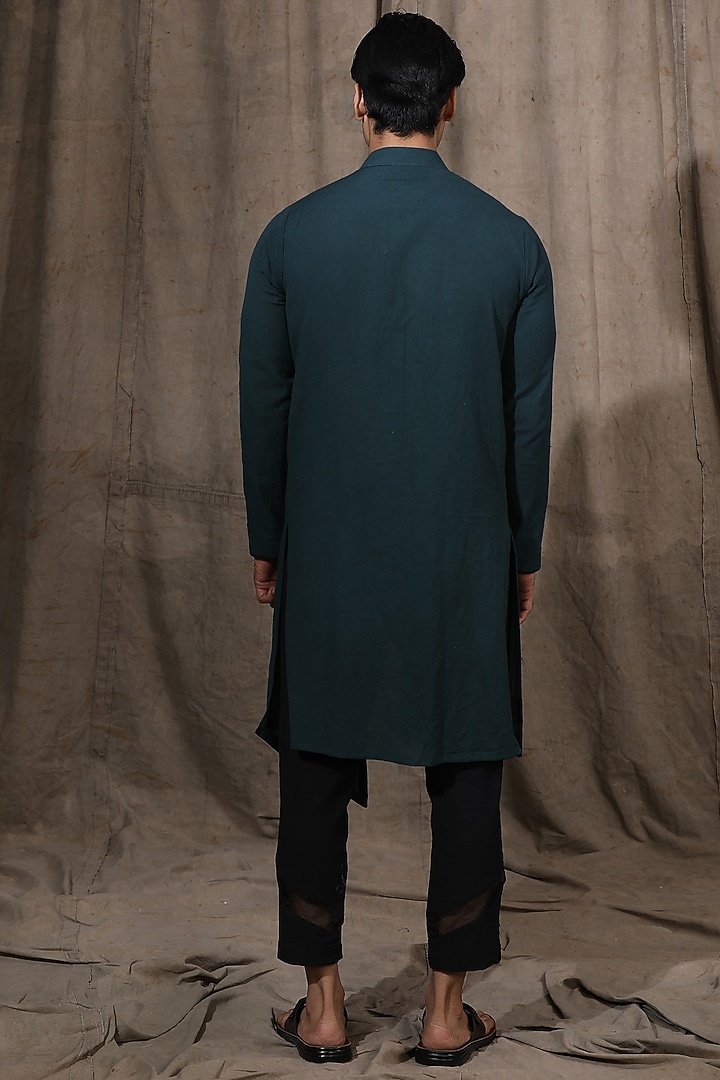 Green Cotton Linen Asymmetrical Kurta by Shreyansh Designs at Pernia's Pop Up Shop