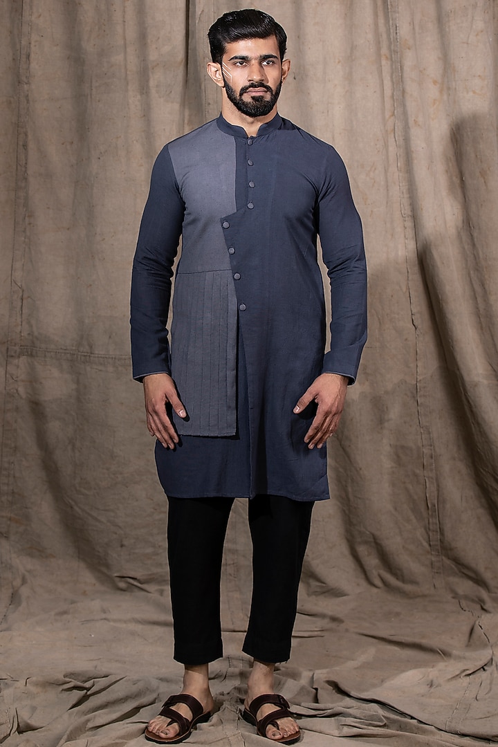 Blue Cotton Linen Kurta by Shreyansh Designs at Pernia's Pop Up Shop