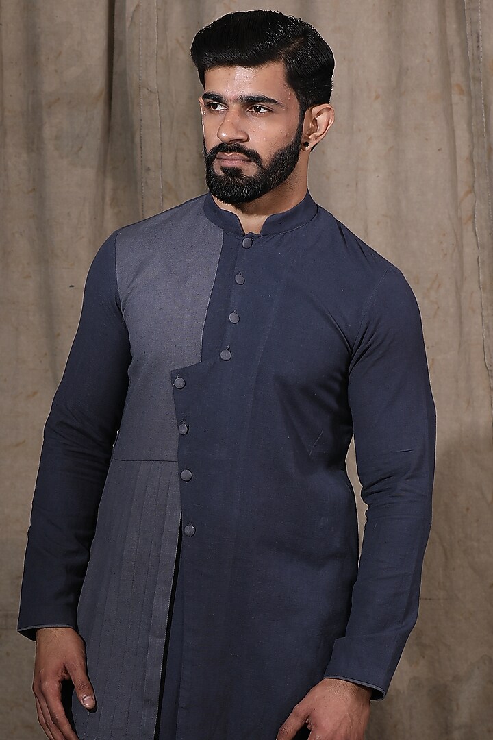 Blue Cotton Linen Kurta by Shreyansh Designs at Pernia's Pop Up Shop