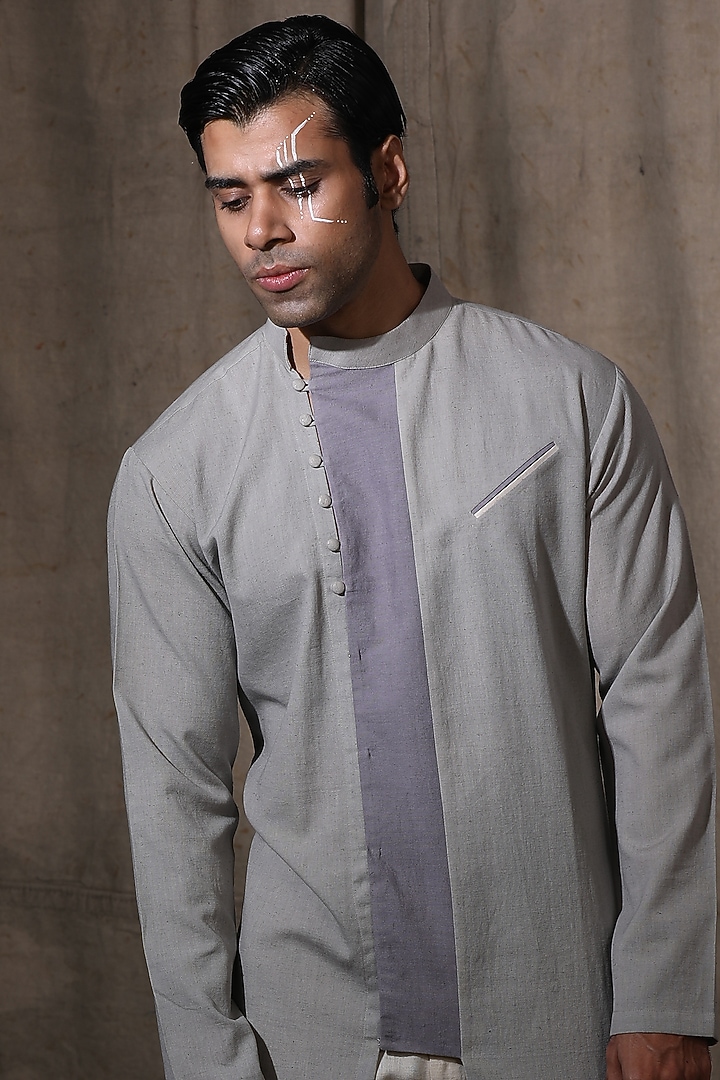 Grey Cotton Linen Asymmetrical Kurta by Shreyansh Designs at Pernia's Pop Up Shop