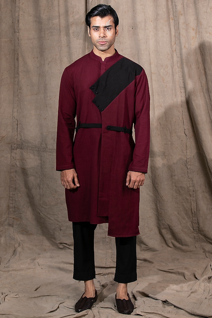 Wine & Black Cotton Linen Kurta by Shreyansh Designs at Pernia's Pop Up Shop
