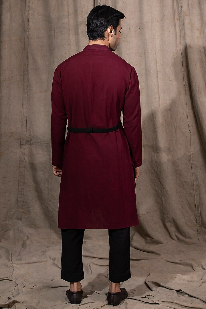 Wine & Black Cotton Linen Kurta by Shreyansh Designs at Pernia's Pop Up Shop