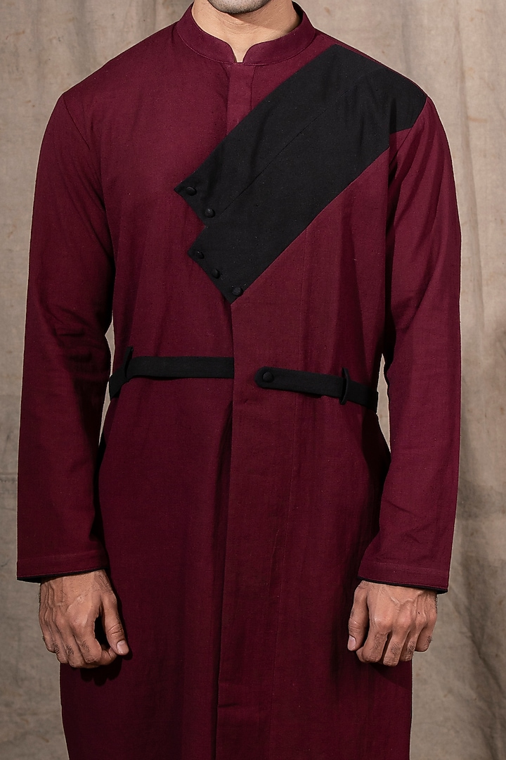 Wine & Black Cotton Linen Kurta by Shreyansh Designs at Pernia's Pop Up Shop