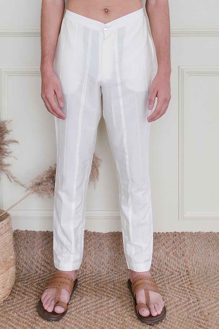 Off-White Silk Pants by Shreyansh Designs at Pernia's Pop Up Shop