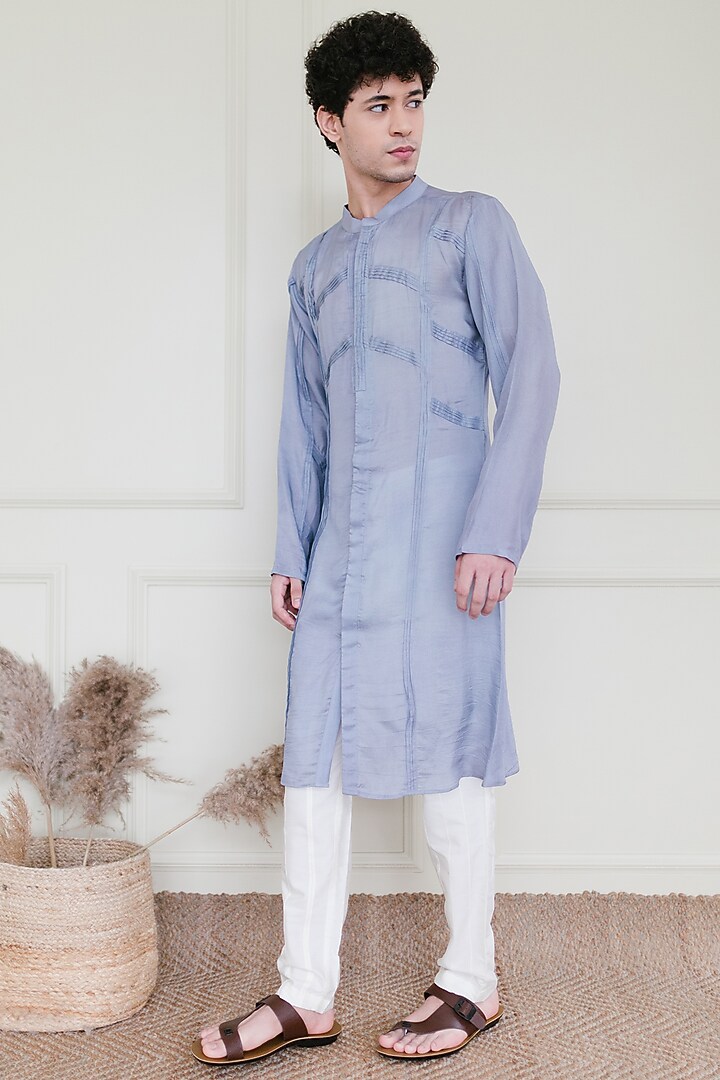 Greyish Blue Silk Kurta by Shreyansh Designs at Pernia's Pop Up Shop