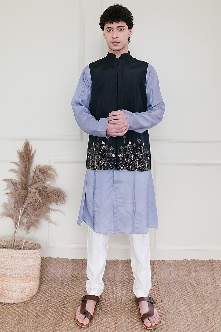 Charcoal Blue Embroidered Waistcoat by Shreyansh Designs