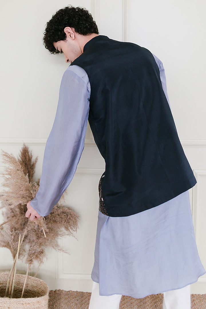 Charcoal Blue Embroidered Waistcoat by Shreyansh Designs at Pernia's Pop Up Shop