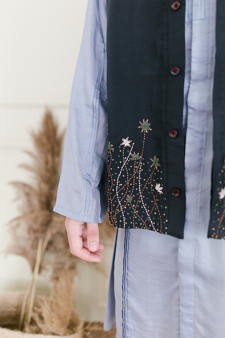 Charcoal Blue Embroidered Waistcoat by Shreyansh Designs at Pernia's Pop Up Shop