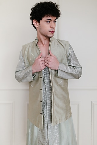 Mint Green Embroidered Waistcoat by Shreyansh Designs