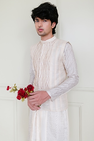 Beige Embroidered Waistcoat by Shreyansh Designs