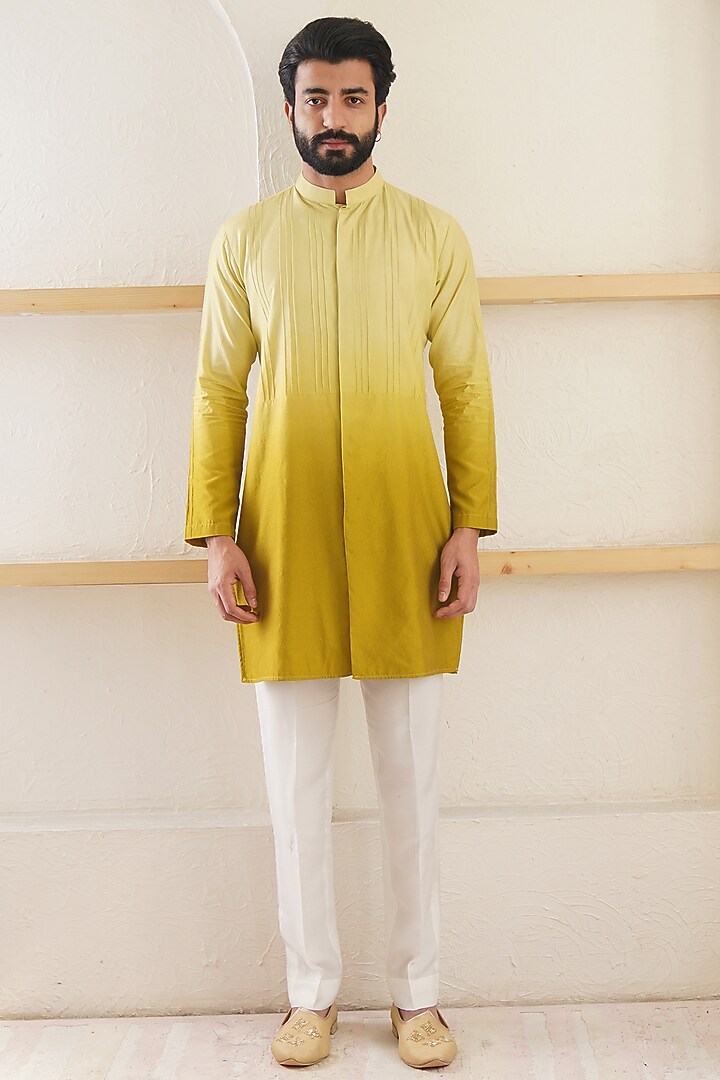 Yellow Ombre Silk Pintuck Kurta by Shreyansh Designs at Pernia's Pop Up Shop