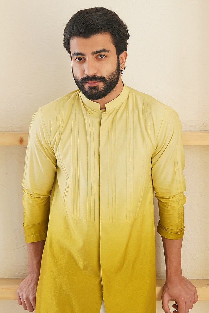Yellow Ombre Silk Pintuck Kurta by Shreyansh Designs at Pernia's Pop Up Shop