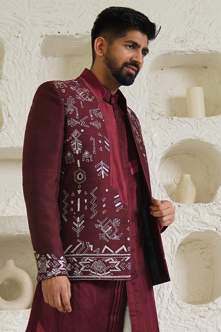 Maroon Embroidered Wedding Indowestern Jacket by Shreyansh Designs at Pernia's Pop Up Shop