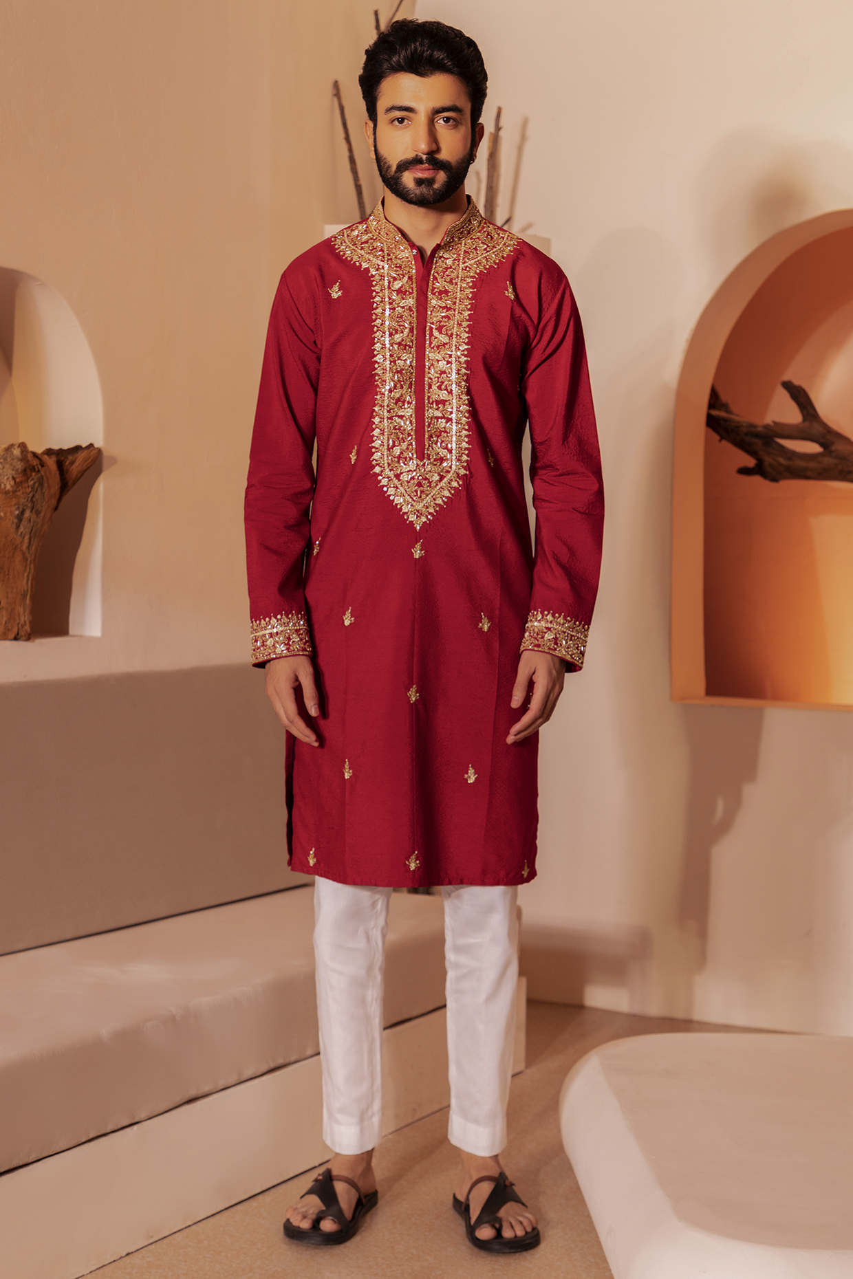 Deep Red Silk Viscose Hand Embroidered Kurta Set by Shreyansh Designs at Pernia's Pop Up Shop