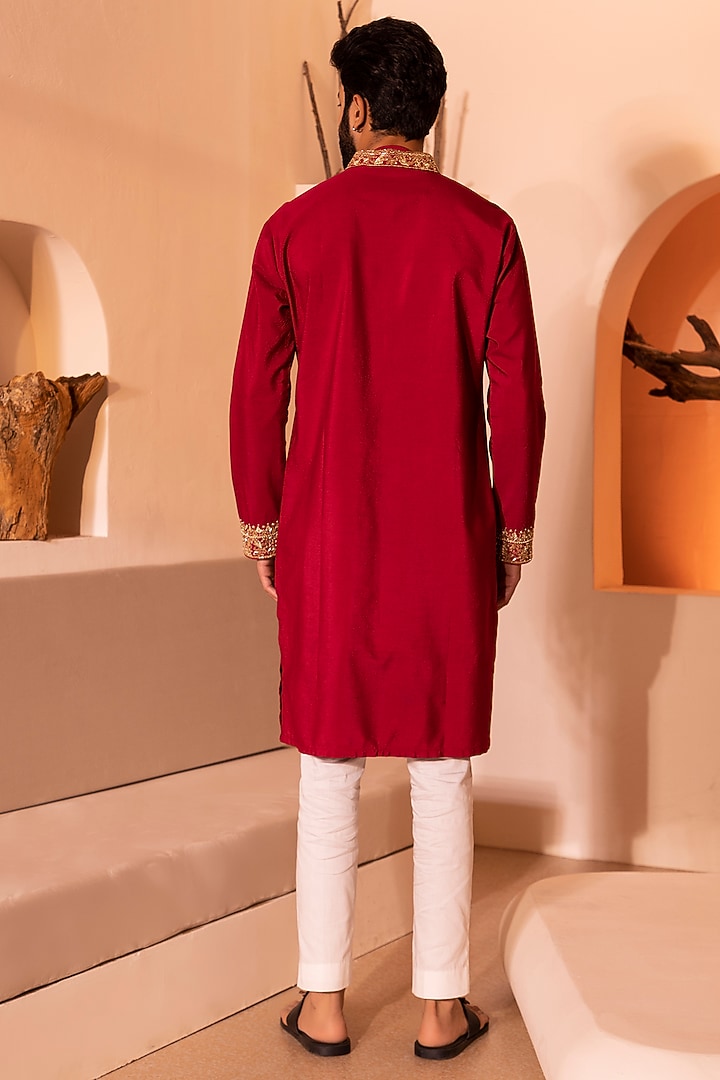 Deep Red Silk Viscose Hand Embroidered Kurta Set by Shreyansh Designs at Pernia's Pop Up Shop
