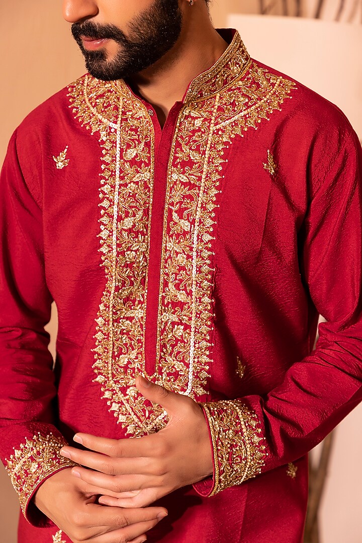 Deep Red Silk Viscose Hand Embroidered Kurta Set by Shreyansh Designs at Pernia's Pop Up Shop