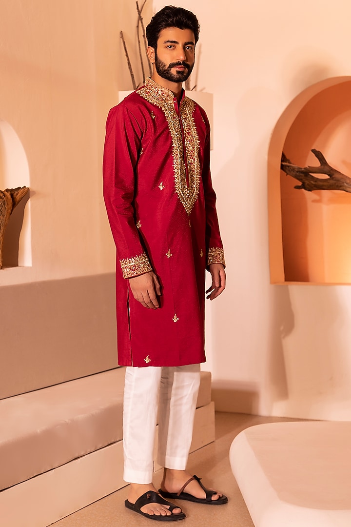 Deep Red Silk Viscose Hand Embroidered Kurta Set by Shreyansh Designs at Pernia's Pop Up Shop